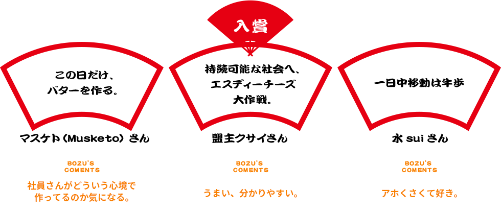 入賞 この日だけ、バターを作る。 マスケト（Musketo）さん BOZU’S COMENTS 社員さんがどういう心境で作ってるのか気になる。 持続可能な社会へ、エスディーチーズ大作戦。 盟主クサイさん BOZU’S COMENTS うまい、分かりやすい。 一日中移動は牛歩 水suiさん BOZU’S COMENTS アホくさくて好き。