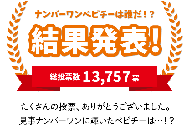 ナンバーワンベビチーは誰だ！？結果発表 総投票数 13,757票 たくさんの投票、ありがとうございました。見事ナンバーワンに輝いたベビチーは…！？